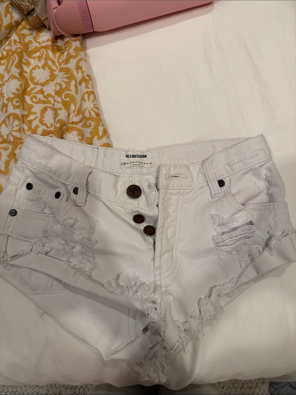 One Teaspoon White Distressed High-Rise Denim Shorts